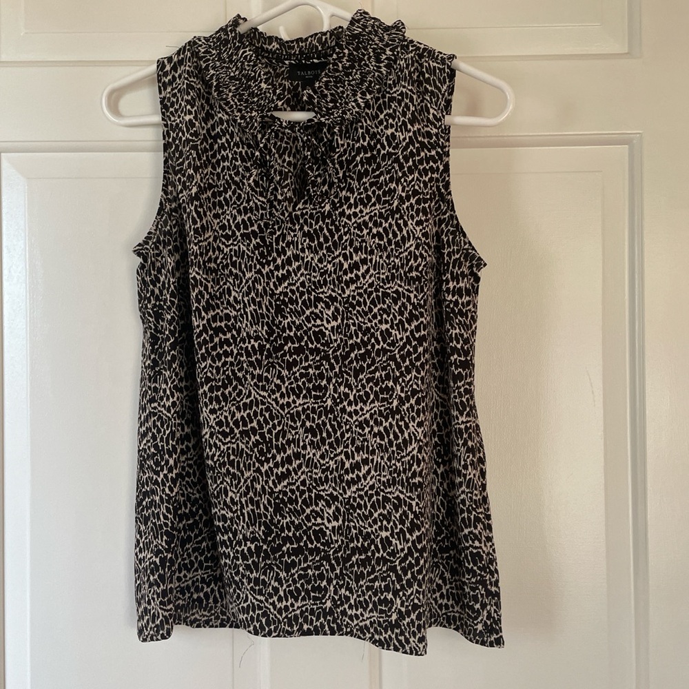 Talbots Black and Cream Sleeveless Ruffle-Neck Animal Print Camisole
